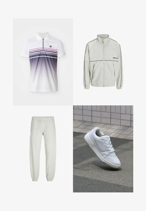 Könnyű krém színű dzseki magas gallérral, elöl cipzárral és fekete oldalsávokkal; rugalmas mandzsettákkal és egy szerény logóval az elején.; Fehér póló rövid ujjal, elől cipzárral, vízszintes csíkokkal lila, rózsaszín és szürke színben, valamint egy kis fekete logóval a mellkasán.; Fehér melegítőnadrág, puha anyagból készült, rugalmas derékrésszel és mandzsettával, sima tapintású és laza szabású.; Fehér bőr sneaker perforált oldalakkal, texturált részletekkel, lapos fűzőkkel és kontrasztos szürke sarokkal. Enyhén megemelt talppal rendelkezik.