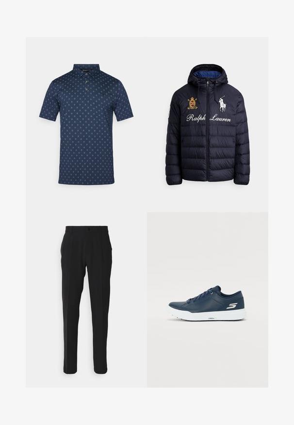 Giacca imbottita trapuntata blu navy con cappuccio, cerniera frontale, logo ricamato di un giocatore di polo, scritta "Ralph Lauren" e patch con stemma sul petto.; Polo shirt navy in cotone misto con maniche corte, colletto con bottoni e motivo floreale ripetuto blu chiaro su tutta la superficie. Presenta un piccolo logo.; Pantaloni neri con un taglio dritto, dotati di una tasca frontale singola, passanti per cintura e chiusura con bottone. Tessuto dalla consistenza liscia.; Sneaker blu navy con parte superiore in sintetico liscio, collo imbottito e suola bianca. Caratterizzato da logo laterale e lacci piatti per una vestibilità sicura.
