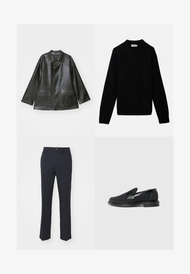 Emporio Armani CABAN - Jacka i konstläder - lavagna; Svart tröja med ribbad rund halsringning, långa ärmar och ett strukturerat stickmönster. Inga synliga logotyper eller utsmyckningar.; Marinblå byxor i ett mjukt tyg med rakt ben-design, som har en knappstängning fram och två sidofickor.; Svart vävd slip-on sko med en slät läderdetalj på ovansidan, med rund tådesign och en låg gummisula.