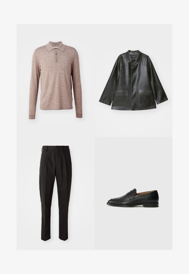 Emporio Armani CABAN - Műbőr dzseki - lavagna; Barna hosszú ujjú pólóing puha anyagból, gallérral, három gombbal és bordázott mandzsettákkal, sima textúrával és finom mintával.; Fekete gyapjú keverék nadrág, egyenes szabással, lapos elejű, két oldalsó zsebbel és sima textúrával.; Fekete bőr mokaszin, kerek orral, diszkrét varrásokkal és alacsony sarokkal, sima felülettel és minimalista dizájnnal.