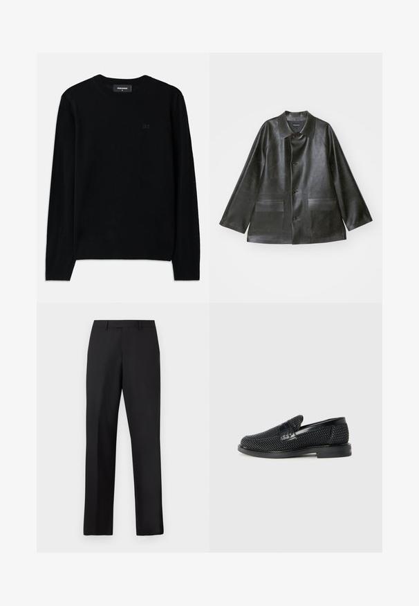 Emporio Armani CABAN - Chaqueta de cuero sintético - lavagna; Suéter negro de cuello redondo hecho de tejido suave. Presenta mangas largas y un sutil detalle del logo D2 en la parte delantera. Diseño simple y clásico.; Pantalones negros de pierna recta hechos de tela suave. Cuentan con una pretina estándar y no tienen patrones ni detalles visibles.; Zapato negro de tejido con un acento de cuero suave en la parte superior, diseño de punta redonda y suela de goma de perfil bajo.