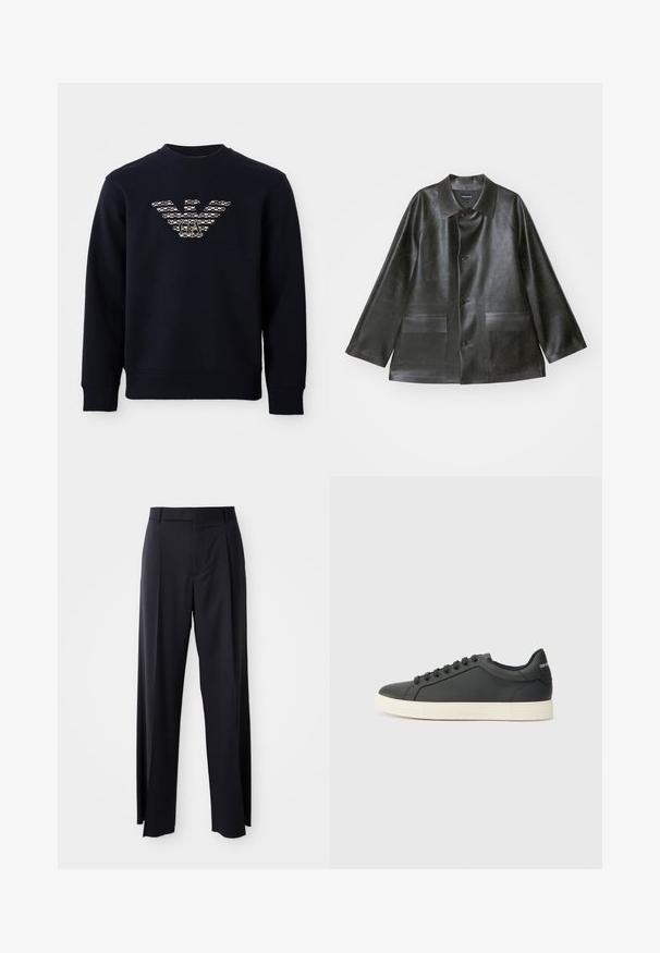 Emporio Armani CABAN - Veste en similicuir - lavagna; Sweatshirt bleu marine à col rond avec des manches longues, arborant un logo d'aigle à motif avec les initiales "GA" centrées sur la poitrine.; Pantalon noir taille haute à pattes larges, en tissu lisse. Présente des plis sur le devant et des passants de ceinture. Design minimaliste, sans matériel visible.; Baskets en cuir noir avec un profil bas, bout rond et fermeture lacée ; elles présentent une semelle en caoutchouc texturée et un détail de logo au niveau du talon.