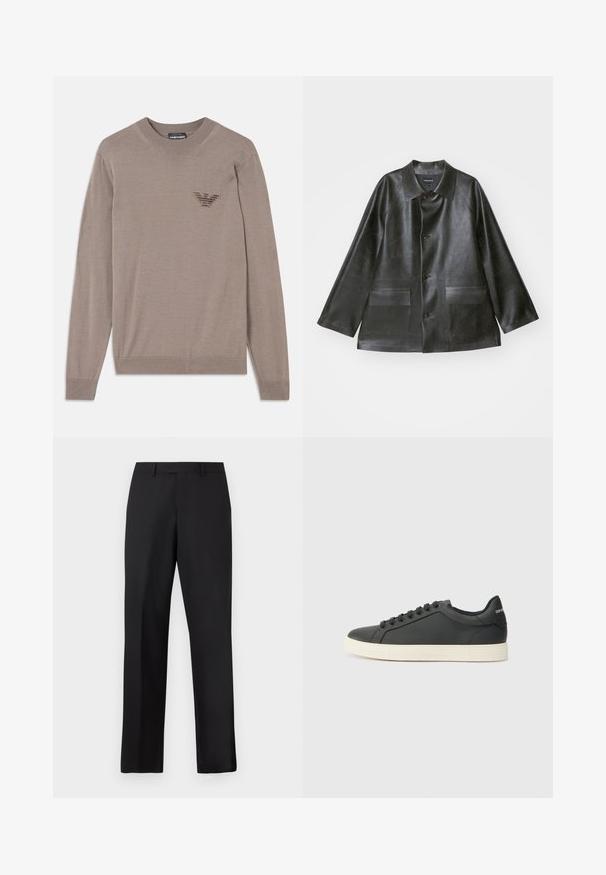 Emporio Armani CABAN - Kunstlederjacke - lavagna; Beige Pullover mit langen Ärmeln, rundem Ausschnitt, geripptem Saum und einem gestickten Logo im Brustbereich. Hergestellt aus einem weichen, leichten Stoff.; Schwarze, gerade geschnittene Hose aus glattem Stoff. Verfügt über einen normalen Bund und keine sichtbaren Muster oder Akzente.; Schwarze Ledersneaker mit niedrigem Profil, abgerundeter Zehe und Schnürverschluss; ausgestattet mit einer strukturierten Gummisohle und Logo-Detail an der Ferse.