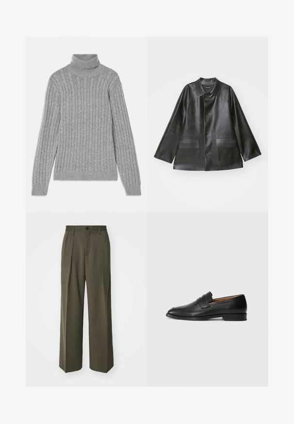 Emporio Armani CABAN - Imitatieleren jas - lavagna; Grijze coltrui gemaakt van gestructureerde brei, met een kabelpatroon, lange mouwen en geribbelde manchetten en boord.; Filippa K WIDE TROUSERS - Broek - driftwood; Zwarte leren instapper met een ronde neus, subtiele stikdetails en een lage hak, met een gladde textuur en een minimalistisch ontwerp.