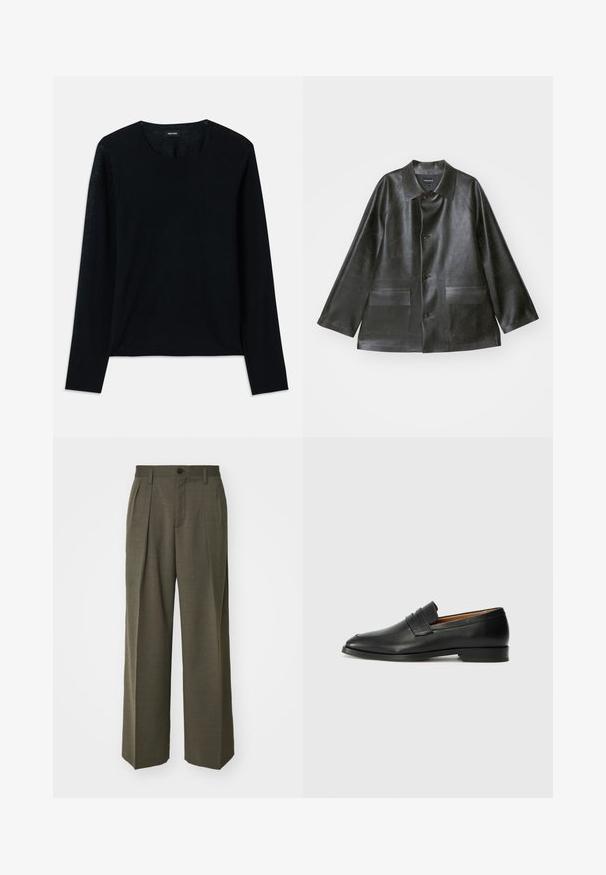 Emporio Armani CABAN - Jachetă din imitație de piele - lavagna; Bluză tricotată neagră cu mâneci lungi și decolteu rotund. Textură moale, croi lejer, fără modele sau accente vizibile.; Filippa K WIDE TROUSERS - Pantaloni - driftwood; Lofer din piele neagră, cu vârf rotund, detalii cusute subtile și toc jos, având o textură netedă și un design minimalist.