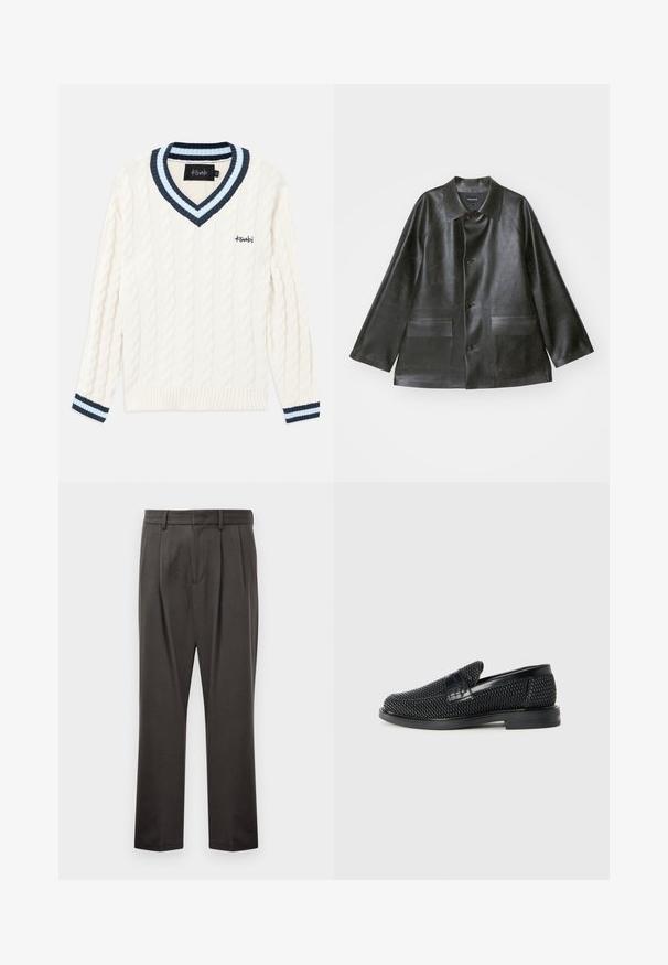 Emporio Armani CABAN - Kunstnahast jakk - lavagna; Kreemikas värvi kudumispullover, millel on kaablipattern, v-kaelusega disain ning tumesinised ja helesinised triibud krae ja varrukate äärtes.; Tumedashallased püksid, mis on valmistatud tekstuuriga kangast, lame esiosa, voldid, sirged jalad ja vöökohastab. Pole nähtavat riistvara ega mustreid.; Must musta kootud slip-on king, millel on pehme nahast accent ülaserval, ümmargune varvas ja madal profiiliga kummitald.