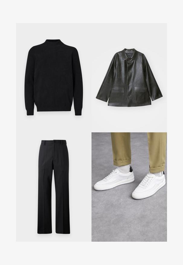 Emporio Armani CABAN - Imitatieleren jas - lavagna; Zwart gebreid trui met een hoge hals, lange mouwen en geribbelde textuur. Eenvoudig, effen ontwerp met een relaxte pasvorm en geen zichtbare patronen.; Zwarte rechte broek met riemlussen, voorknop en rits, weergegeven op een effen witte achtergrond.; Witte sneakers met een textuur van leerafwerkingen, een ronde neus en een zwarte hielaccent. Rubberen zool met een klein profiel en gestikte details.