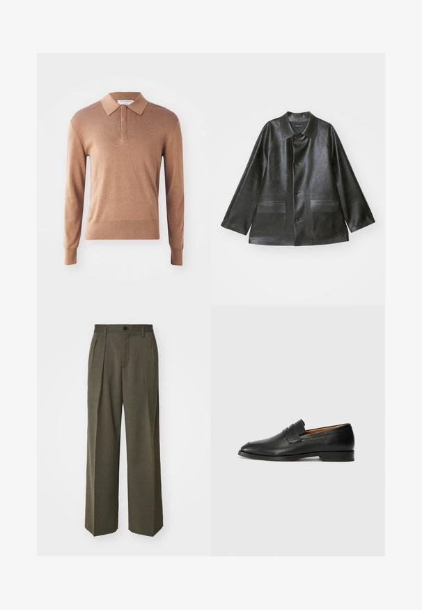 Emporio Armani CABAN - Jacka i konstläder - lavagna; Brun långärmad polo skjorta i strukturerad stickning, med krage och placket med tre knappar. Inga mönster eller accenter synliga.; Filippa K WIDE TROUSERS - Tygbyxor - driftwood; Svart läderloafersko med rund tå, subtila sömnadsdetaljer och låg klack, med en jämn yta och minimalistisk design.