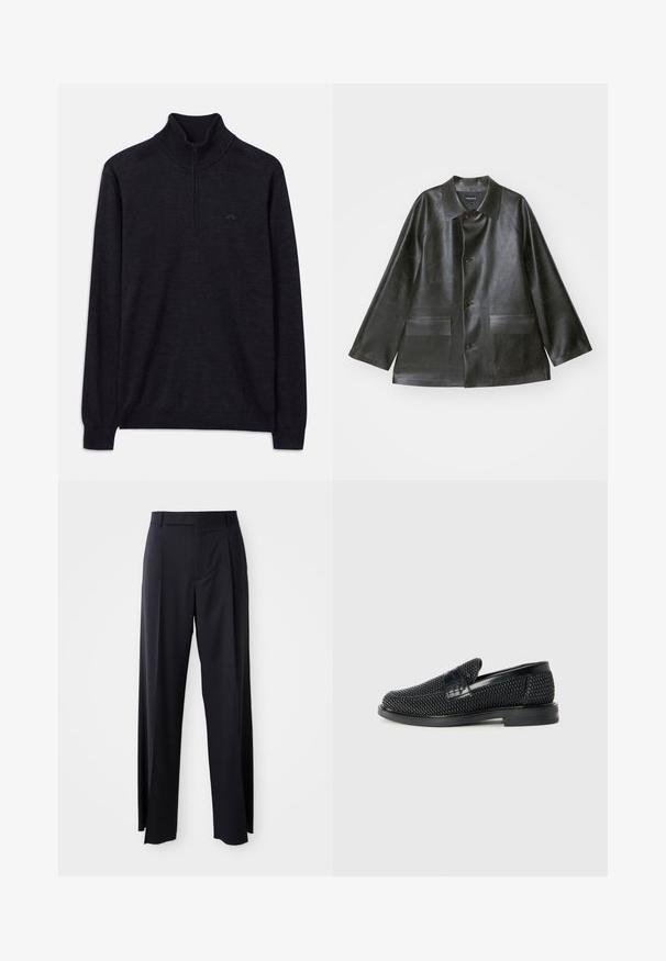 Emporio Armani CABAN - Dirbtinės odos striukė - lavagna; Juodas ilgomis rankovėmis megztinis su raštuotu aukštu apykakle ir pusiau užtrauktuku, su subtiliu logotipu kairiajame krūtinės šone.; Juodi, aukštai užtraukiami kelnių modeliai su plačiomis kojomis, pagaminti iš lygaus audinio. Yra priekiniai raukšlės ir diržo kilpos. Minimalistinio dizaino, be matomų detalių.; Juodas pintas slip-on tipo batelis su lygiu odiniu akcentu viršuje, apvalios nosies dizainas ir žemas guminis padas.