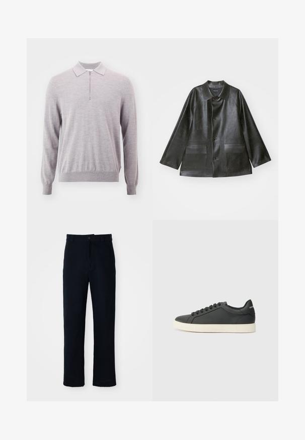 Emporio Armani CABAN - Kunstlederjacke - lavagna; Hellgrauer Strickpullover mit Reißverschlusskragen, langen Ärmeln, gerippten Bündchen und Saum. Weiche Textur, lockere Passform und minimalistisches Design.; Dunkelblaue Baumwollhosen mit geradem Bein, einem Frontknopfverschluss und einem klassischen Bund mit Gürtelschlaufen.; Schwarze Ledersneaker mit niedrigem Profil, abgerundeter Zehe und Schnürverschluss; ausgestattet mit einer strukturierten Gummisohle und Logo-Detail an der Ferse.