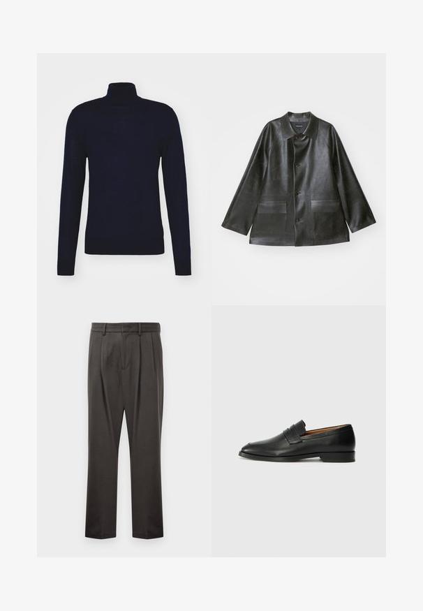 Emporio Armani - Kurtka ze skóry ekologicznej; Tiger of Sweden NEVILE granatowy; Ciemnoszare spodnie wykonane z teksturowanej tkaniny, z prostym przodem, plisami, prostymi nogawkami i pętelkami na pasek. Brak widocznych elementów metalowych lub wzorów.; Czarne skórzane mokasyny z zaokrąglonym noskiem, subtelnymi przeszyciami i niskim obcasem, charakteryzujące się gładką teksturą i minimalistycznym designem.