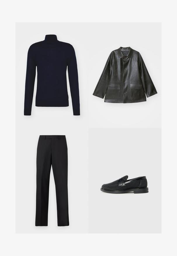 Emporio Armani - Kurtka ze skóry ekologicznej; Tiger of Sweden NEVILE granatowy; Czarne spodnie o prostych nogawkach wykonane z gładkiej tkaniny. Posiadają standardowy pas i nie mają widocznych wzorów ani zdobień.; Czarny, pleciony but wsuwany z gładkim skórzanym akcentem na cholewce, o okrągłym nosku i niskoprofilowej gumowej podeszwie.