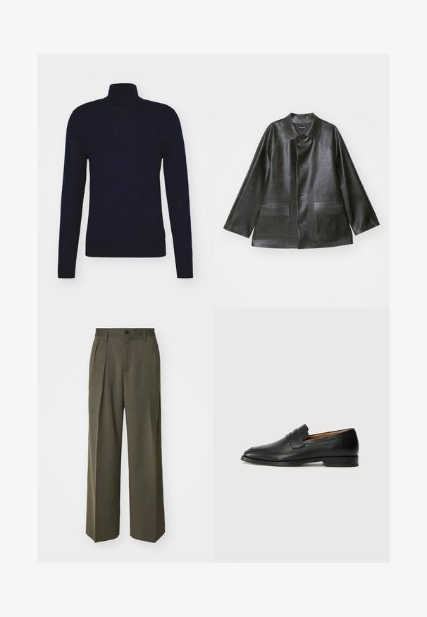 Emporio Armani CABAN - Kunstnahast jakk - lavagna; Tiger of Sweden NEVILE - Džemper - light ink; Filippa K WIDE TROUSERS - Püksid - driftwood; Must musta loafers ümarate varvastega, peene tikandiga ja madala kontsaga, millel on sile tekstuur ja minimalistlik disain.