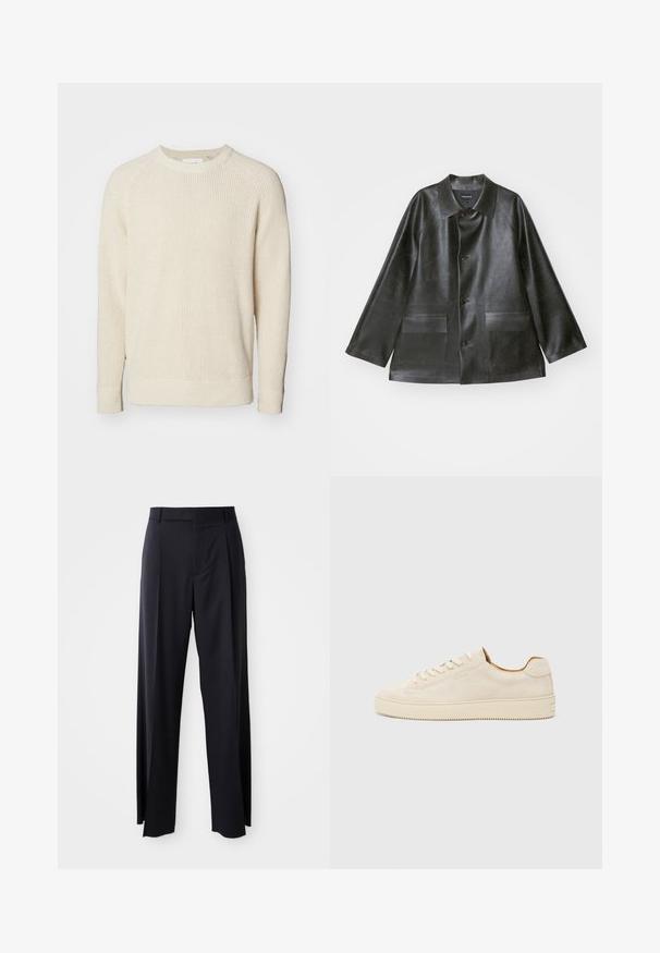 Emporio Armani CABAN - Kunstlederjacke - lavagna; Heller beiger Pullover mit geripptem Muster, rundem Ausschnitt und langen Raglanärmeln. Seitliche Schlitze am Saum für mehr Bewegungsfreiheit.; Schwarze, hoch taillierte Hose mit weitem Bein, aus glattem Stoff. Verfügt über vorne gelegte Falten und Gürtelschlaufen. Minimalistisches Design, ohne sichtbare Beschläge.; Beige Wildledersneaker mit einem Low-Top-Design, runder Zehenform, flachen Schnürsenkeln und einer strukturierten Gummisohle. Minimalistischer Stil ohne sichtbare Logos.