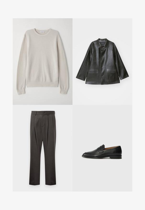 Emporio Armani CABAN - Imiteret læderjakke - lavagna; Lys beige sweater lavet af blød strikstof. Rund hals, lange ærmer, ribbede manchetter og kant med subtil teksturdetalje.; Mørkegrå bukser lavet af struktureret stof, med flad front, plisseringer, lige ben og bæltestropper. Ingen synlig hardware eller mønstre.; Sort læder loafer med rund tå, diskret syning, og lav hæl, der har en glat tekstur og minimalistisk design.