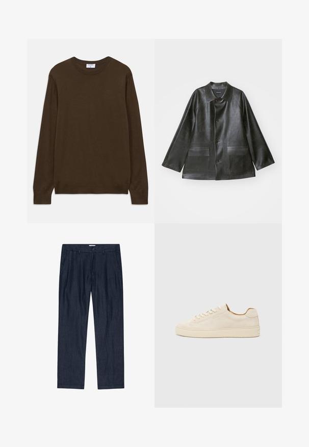 Emporio Armani CABAN - Keinonahkatakki - lavagna; Ruskea pitkähihainen pyöreäkauluksinen neule, jossa on ribbineuleiset hihansuut ja helma, merkki Filippa K, aseteltuna tasaiseksi valkoiselle taustalle.; Tummansiniset, löysät housut, jotka on valmistettu teksturoidusta kankaasta ja joissa on nappikiinnitys sekä sivutaskut; suorat lahkeet pehmeällä pinnalla.; Beige mokkasneaker med lavt design, rund tå, flade snørebånd og en tekstureret gummisål. Minimalistisk stil uden synlige logoer.