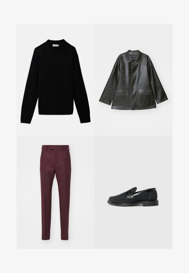 Emporio Armani CABAN - Kunstnahast jakk - lavagna; Must mustre, millel on sooned ja tekstuurne kudumine. Ilma nähtavate logode või kaunistusteta.; Burgundia kohandatud püksid sirge lõikega, sileda tekstuuriga ja pressitud voldikutega. Varustab vööaasade ja ees olevate taskutega.; Must musta kootud slip-on king, millel on pehme nahast accent ülaserval, ümmargune varvas ja madal profiiliga kummitald.