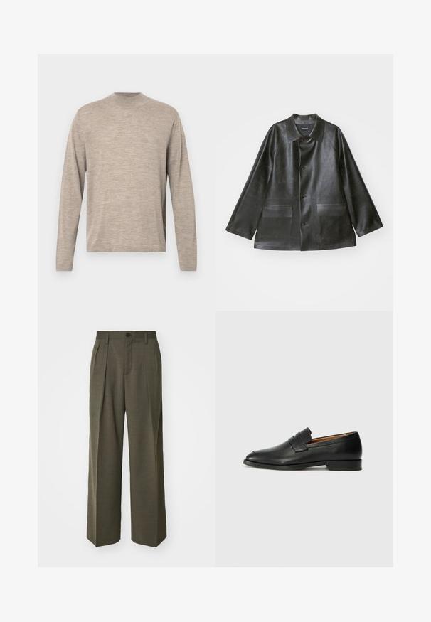 Emporio Armani CABAN - Kunstnahast jakk - lavagna; Kerge beež pikkade varrukatega sviiter ümmarguse kaeluse ja pehme kangaga, millel on lõdva istuvus ja peen tekstuur. Ilma mustrite ja aktsentideta.; Filippa K WIDE TROUSERS - Püksid - driftwood; Must musta loafers ümarate varvastega, peene tikandiga ja madala kontsaga, millel on sile tekstuur ja minimalistlik disain.