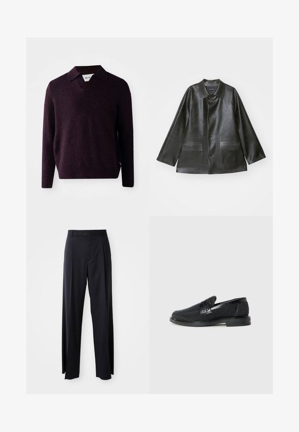 Emporio Armani CABAN - Jachetă din imitație de piele - lavagna; Pulover tricotat de culoare mov închis, cu decolteu în V, mâneci lungi și un finisaj texturat. Prezintă un guler clasic și o etichetă pe lateral.; Pantaloni negri, cu talie înaltă și croi evazat, dintr-un material fin. Prezintă pliseuri frontale și buzunare cu curea. Design minimalist, fără accesorii vizibile.; Pantofii negri din material textil, cu accent din piele netedă pe partea superioară, design cu vârf rotund și talpă din cauciuc de profil redus.