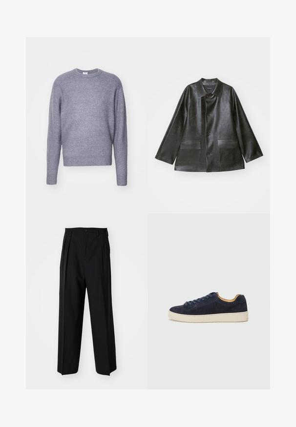 Emporio Armani CABAN - Μπουφάν από συνθετικό δέρμα - lavagna; Ανοιχτό γκρι πλεχτό πουλόβερ με στρογγυλή λαιμόκοψη και μακριά μανίκια. Μαλακή υφή και ελαφρώς κοντή εφαρμογή. Χωρίς ορατά σχέδια ή αξεσουάρ.; Μαύροι πιέτες παντελόνια με ίσια, φαρδιά γραμμή. Κατασκευασμένα από λείο ύφασμα, με κλείσιμο με κουμπί και θηλιές για ζώνη.; Ναυτικό σουέντ χαμηλό sneaker με στρογγυλή μύτη, λευκή καουτσούκ σόλα και αντίστοιχους κορδόνες; διαθέτει αντίθετο καφέ εσωτερικό φόρεμα.