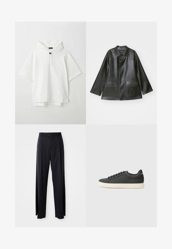 Emporio Armani CABAN - Bunda z umělé kůže - lavagna; Bílá mikina s krátkým rukávem, opatřená stahovacími šňůrkami, podšívkovou kapucí a jemně vrstveným lemem na spodním okraji. Měkký bavlněný materiál.; Černé kalhoty s vysokým pasem a širokým střihem, vyrobené z hladké látky. Mají přední sklady a poutka na opasek. Minimalistický design, bez viditelného kovového hardwaru.; Černé kožené tenisky s nízkým profilem, zaoblenou špičkou a šněrováním; mají texturovanou gumovou podrážku a logo na patě.