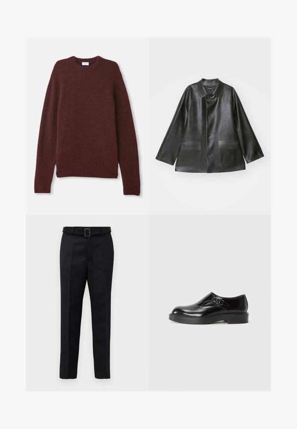 Emporio Armani - Kurtka ze skóry ekologicznej; Bordowy sweter wykonany z miękkiego materiału, z klasycznym okrągłym dekoltem, długimi rękawami i luźnym krojem. Bez wzorów ani widocznych elementów okuć.; Czarne dopasowane spodnie charakteryzują się gładkim materiałem, prostym krojem oraz paskiem w talii z prostokątną klamrą. Wyróżniające się przednie pliski podkreślają design.; Czarna skórzana półbut z okrągłym noskiem, niskim czarnym obcasem i ozdobnym paskiem. Gładka faktura z błyszczącym wykończeniem.