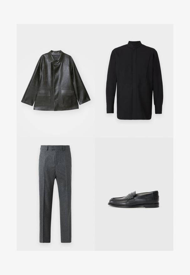 Emporio Armani CABAN - Műbőr dzseki - lavagna; Fekete hosszú ujjú ing magas gallérral, egyenes szabással és minimalista kialakítással. Az anyag simának és strukturáltnak tűnik.; Szürke, finom kockás mintájú, testre szabott nadrág, egyenes lábdesignnal és sima anyagtextúrával. Övváltók és cipzáras nyitás található rajta.; Fekete bőr loaferek sima felülettel, kerek orral, díszítő pánttal és minimalista kialakítással. Alacsony blokksarkú.