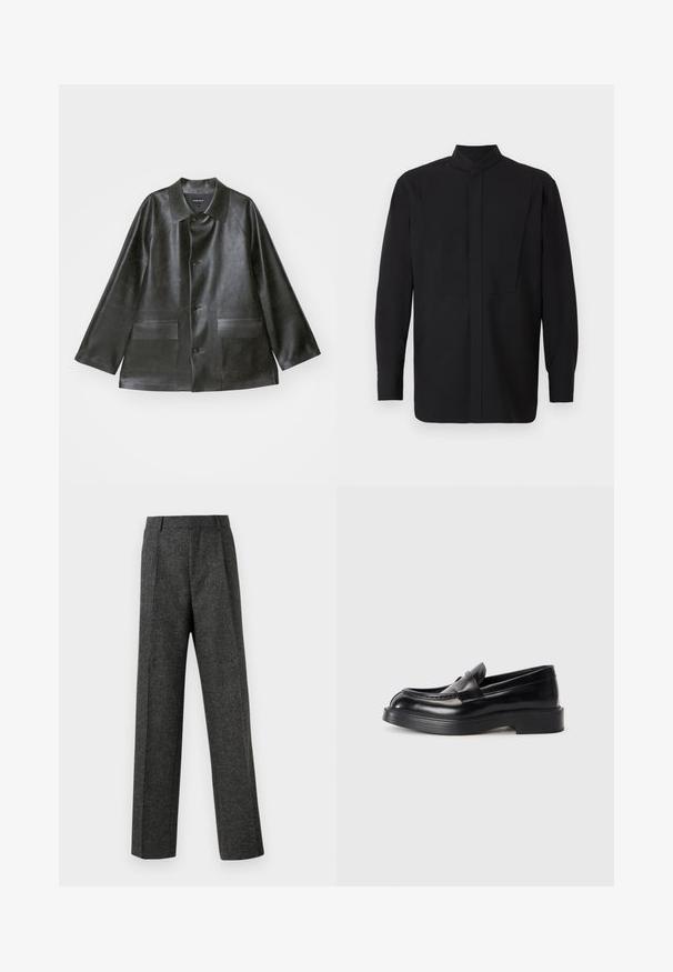Emporio Armani CABAN - Imitatieleren jas - lavagna; Zwarte lange mouw shirt met een hoge kraag, voorzien van een rechte snit en een minimalistisch ontwerp. De stof lijkt glad en gestructureerd.; Grijze op maat gemaakte broek van gestructureerde stof, met twee voorplooien en een rechte pijp. Geen zichtbare zakken of versieringen.; Zwarte leren instappers met een ronde neus, een gestikt ontwerp op de bovenkant en een dikke rubberen zool. Gladde textuur met minimale accenten.