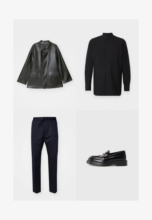 Emporio Armani CABAN - Keinonahkatakki - lavagna; Musta pitkähihaisen paita, jossa on korkeakaulus, suora leikkaus ja minimalistik design. Kangas näyttää sileältä ja ryhdikkäältä.; Laivastonsiniset, kevyet housut, joissa on elastinen vyötärö, säädettävä nyöri ja suorat lahkeet. Silkkinen pinta, ei näkyviä kuvioita tai yksityiskohtia.; Musta nahkainen loafer-malli, jossa on pyöristetty kärki, yläosassa ommeltu muotoilu ja paksu kumipohja. Sileä pinta ja minimaalinen korostus.