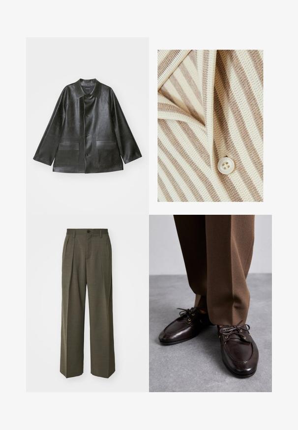 Emporio Armani CABAN - Keinonahkatakki - lavagna; Raidallinen neulekangas vaaleanbeige ja kerma, jossa on nappikiinnitys. Tekstuuri on löysäneuleinen ja siinä näkyy ompelujäljet.; Filippa K WIDE TROUSERS - Housut - driftwood; Bally PATHY - Nauhakengät - ebano