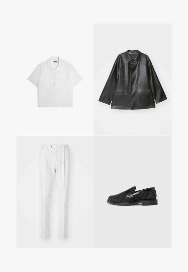 Emporio Armani CABAN - Mākslīgās ādas jaka - lavagna; Kratka piedurkne balta krekla, maiga tekstūra, pogu priekšpuse, izklāta apkakle, viena krūšu kabata, ikdienas kasteveida dizains. Vienkrāsains bez rakstiem.; Baltas pielāgotas bikses ar gludu priekšpusi, divām krokām un ruļļotām piedurknēm. Izgatavotas no gludas auduma, ar pogu aizdari jostasvietā.; Melnas austas slaidu kurpes ar gludu ādas akcentu augšpusē, apaļas formas purngalu un zemas profila gumijas zoli.