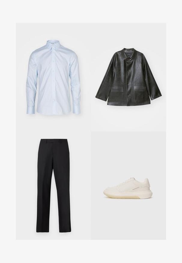 Emporio Armani CABAN - Kunstnahast jakk - lavagna; Heledsinine pika varrukaga särk, millel on klassikaline krae, nööpidega esiosa ja kontrastsed nööbid; valmistatud siledast kangast, millel on puhas viimistlus.; Mustad, sirge lõikega püksid, mis on valmistatud siledast kangast. Omavad tavalist vöökirja ja puuduvad nähtavad mustrid või aksendid.; Valged tennisesmooth nahast ülemise osaga, ümarate varvastega ja paksu kummitaldaga. Omab minimaalset õmblust ja diskreetset logo detaili küljel.