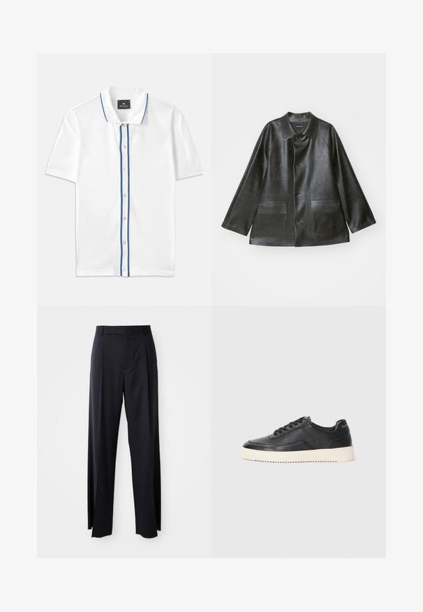 Emporio Armani CABAN - Giacca in similpelle - lavagna; Polo bianco con dettagli blu lungo il colletto e il profilo dei bottoni, con maniche corte e design classico con bottoni.; Pantaloni neri a vita alta con gamba larga, realizzati in tessuto liscio. Presentano pieghe frontali e passanti per cintura. Design minimalista, senza hardware visibile.; Sneaker in pelle nera con finitura texturizzata, punta rotonda e suola piatta in gomma bianca. Presenta lacci neri e un logo sul tallone.