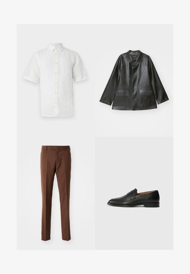 Emporio Armani CABAN - Mākslīgās ādas jaka - lavagna; Baltas īsām piedurknēm pogājamais krekls no lins, ar klasisku apkakli, koka pogām un nedaudz teksturētu virsmu.; Brūnas, piegrieztas bikses ar gludu priekšpusi, taisnas kājas dizainu, gludu tekstūru un jostu cilpām. Nav redzamu rakstu vai furnitūras detaļu.; Melnas ādas loafers ar noapaļotu purngala formu, smalku izšuvumu un zemu papēdi, piedāvājot gludu tekstūru un minimālistisku dizainu.