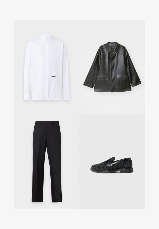 Emporio Armani CABAN - Faux leather jacket - lavagna; White long-sleeve button-up shirt with a classic collar and a small black "DSQUARED2" label near the lower button placket.; Black, straight-leg trousers made of smooth fabric. Features a standard waistband and no visible patterns or accents.; Black woven slip-on shoe with a smooth leather accent on the upper, a round toe design, and a low-profile rubber sole.