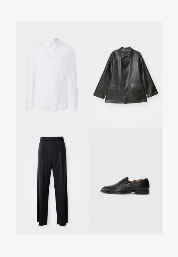 Emporio Armani CABAN - Műbőr dzseki - lavagna; Fehér, hosszú ujjú vászoning. Klasszikus gallérral, gombos elülső résszel és ívelt alsó szegéllyel rendelkezik, texturált, könnyű anyagból készült.; Fekete, magasan ültetett nadrág, széles szárai vannak, sima anyagból készült. Elülső redők és övhurkok jellemzik. Minimalista dizájn, látható fémalkatrészek nélkül.; Fekete bőr mokaszin, kerek orral, diszkrét varrásokkal és alacsony sarokkal, sima felülettel és minimalista dizájnnal.