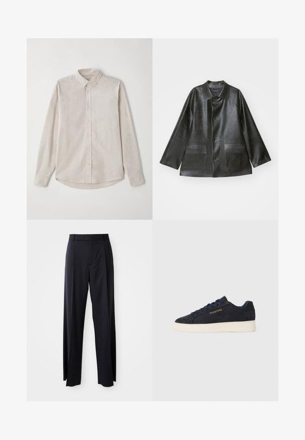 Emporio Armani CABAN - Műbőr dzseki - lavagna; Világos bézs színű, hosszú ujjú ing, puha anyagból készült. Gombos gallérral és középső gombzárral rendelkezik, ívelt szegéllyel.; Fekete, magasan ültetett nadrág, széles szárai vannak, sima anyagból készült. Elülső redők és övhurkok jellemzik. Minimalista dizájn, látható fémalkatrészek nélkül.; Sötétkék velúr, alacsony szárú teniszcipő fehér talppal, sötétkék fűzőkkel és arany színű "Filling Pieces" logóval az oldalán.