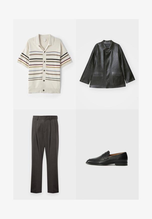 Emporio Armani CABAN - Giacca in similpelle - lavagna; Cardigan corto a maniche corte di maglia color crema con chiusura a bottoni, caratterizzato da righe orizzontali in vari colori e colletto e polsini a coste.; Pantaloni grigi scuri realizzati in tessuto testurizzato, con fronte piatto, pince, gambe dritte e passanti per cintura. Nessuna ferramenta o motivo visibile.; Mocassino in pelle nera con punta arrotondata, dettagli cuciti sottili e tacco basso, caratterizzato da una texture liscia e un design minimalista.