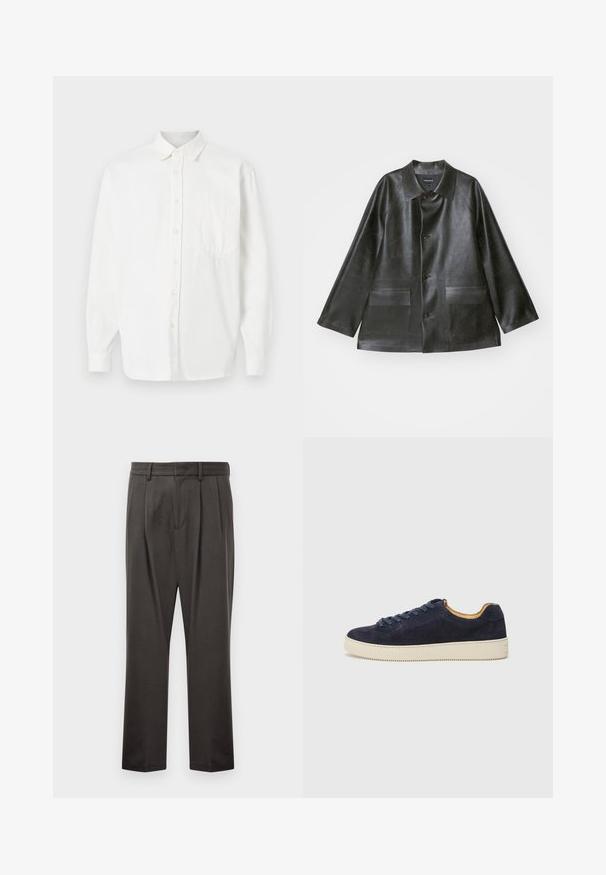 Emporio Armani CABAN - Keinonahkatakki - lavagna; Valkoinen nappikauluspaita, jossa on rintatasku, kaulus, pitkät hihat ja sileä kangas. Yksinkertainen ja klassinen muotoilu.; Tummanharmaat housut, jotka on valmistettu teksturoidusta kankaasta. Housuissa on litteä etuosa, laskokset, suorat lahkeet ja vyölenkit. Ei näkyviä metalliosia tai kuvioita.; Keinonsin nahka matala tennari pyöreällä varpaalla, vaaleanbeige kumipohja ja yhteensopivat nauhat; ominaisuuksiin kuuluu kontrastoiva vaaleanruskea sisävuori.