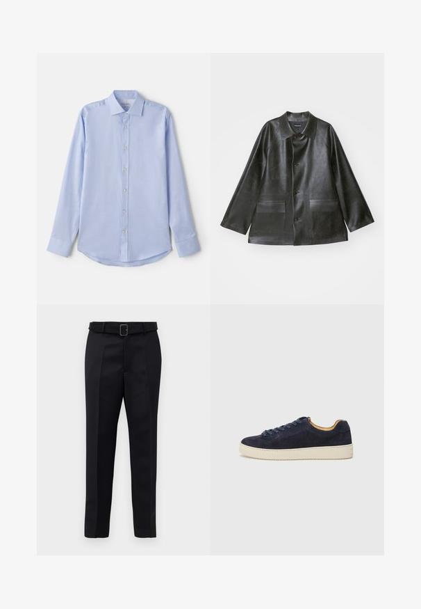 Emporio Armani CABAN - Bunda z umělé kůže - lavagna; Světle modrá košile s dlouhým rukávem z tkané látky, s zapínáním na knoflíky, rozšířeným límcem a zaobleným lemem. Jednoduchý design s jemnou strukturou.; Černé oblekové kalhoty mají hladkou tkaninu, rovný střih a pas s opaskem a obdélníkovou sponou. Výrazné přední záhyby zvýrazňují design.; Námořnické semišové nízké tenisky s kulatou špičkou, krémovou gumovou podrážkou a odpovídajícími tkaničkami; obsahují kontrastní hnědou podšívku.