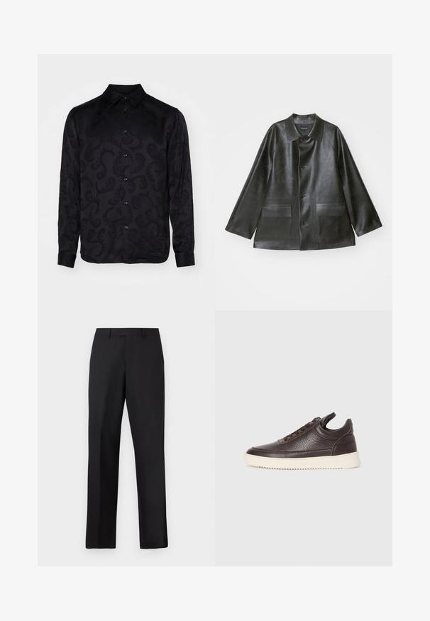 Emporio Armani CABAN - Bunda z umělé kůže - lavagna; Černá dlouhá košile s dlouhým rukávem a jemným texturovaným vzorem paisley, s špičatým límcem a zapínáním na knoflíky. Hladká tkanina.; Černé kalhoty s rovnými nohavicemi vyrobené z hladké látky. Mají standardní pas a žádné viditelné vzory či zdobení.; Tmavě hnědé texturované kožené tenisky s šněrováním a bílou rýhovanou gumovou podrážkou na jednobarevném světlém pozadí.