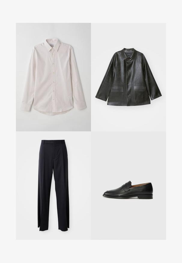 Emporio Armani CABAN - Kunstlederjacke - lavagna; Helles rosa langärmliges Hemd mit Knopfleiste, verbreiteter Kragen, vertikalen Streifen und abgerundetem Saum. Verfügt über beigefarbene Knöpfe und eine glatte Textur.; Schwarze, hoch taillierte Hose mit weitem Bein, aus glattem Stoff. Verfügt über vorne gelegte Falten und Gürtelschlaufen. Minimalistisches Design, ohne sichtbare Beschläge.; Schwarze Leder-Slipper mit runder Zehenform, dezenten gestickten Details und niedrigem Absatz, ausgestattet mit glatter Textur und minimalistischem Design.