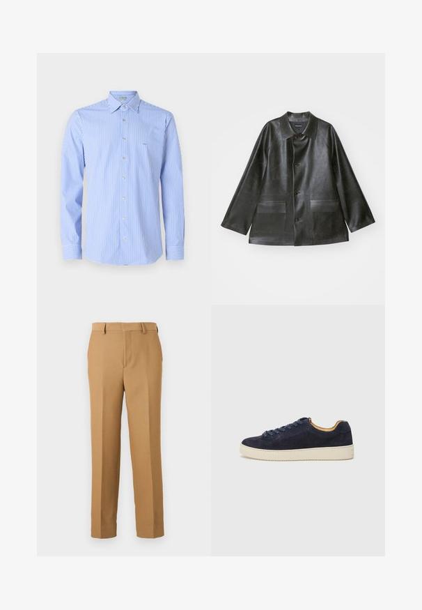Emporio Armani CABAN - Kunstlederjacke - lavagna; Gestreiftes Hemd mit vertikalen hellblauen und weißen Streifen, Button-Down-Kragen, langen Ärmeln und kleinem Logo auf der Brust.; Beige Anzughosen aus gewebtem Stoff, mit geradem Schnitt, flachem Front und Gürtelschlaufen. Glatte Textur ohne sichtbare Muster.; Marineblaues Wildleder-Low-Top-Sneaker mit runder Zehenpartie, off-white Gummisohle und passenden Schnürsenkeln; hat ein kontrastierendes, tannfarbiges Innenfutter.
