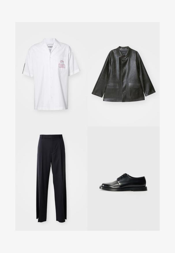 Emporio Armani CABAN - Faux leather jacket - lavagna; Short-sleeve white shirt made of cotton with a button closure. Features a chest pocket with a red label, and a classic collar design.; Black, high-waisted trousers with a wide-leg cut, made of smooth fabric. Features front pleats and belt loops. Minimalistic design, no visible hardware.; The Antipode DERBY  - Lace-ups - black