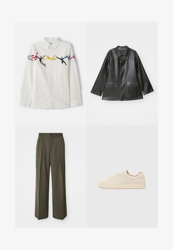 Emporio Armani CABAN - Keinonahkatakki - lavagna; Valkoinen pitkähihainen paita, jossa on värikkäitä brodeerattuja kuvastoja punaisena, sinisenä, keltaisena ja mustana. Paidassa on perinteinen kaulus ja napitettava etuosa.; Filippa K WIDE TROUSERS - Housut - driftwood; Beige mokkasneaker med lavt design, rund tå, flade snørebånd og en tekstureret gummisål. Minimalistisk stil uden synlige logoer.