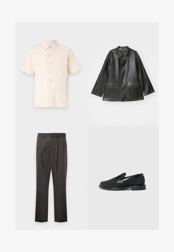 Emporio Armani CABAN - Imitatieleren jas - lavagna; Kortarmige knoopsluiting shirt in lichtbeige, gemaakt van textuurstof, met een klassieke kraag en zes lichtgekleurde knopen.; Donkergrijze broeken van een textuurstof, met een vlakke voorkant, plooien, rechte pijpen en riemlussen. Geen zichtbare hardware of patronen.; Zwartegeweven instap schoenen met een glad leren accent aan de bovenkant, een ronde neusontwerp en een laag profiel rubberen zool.