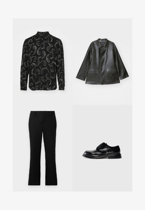 Emporio Armani CABAN - Bunda z nepravej kože - lavagna; Čierna košeľa na gombíky s bielymi vírivými paisley vzormi, dlhými rukávmi a klasickým golierom, vyrobená z ľahkej tkaniny.; Čierne rozšírené nohavice z bavlnenej zmesi, s gombíkovým zapínaním, pútkami na opasok a hladkým povrchom bez viditeľných vzorov.; Čierne kožené spoločenské topánky s guľatou špičkou, hladkým povrchom, šnurovacím dizajnom a zloženým podpätkom. Minimalistický štýl bez viditeľných log.