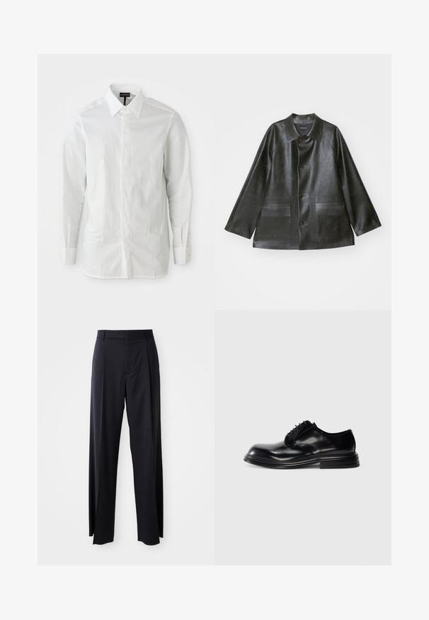 Emporio Armani CABAN - Faux leather jacket - lavagna; White long-sleeve shirt made of lightweight fabric with a structured collar, front button placket, and subtle textural pattern on fabric.; Black, high-waisted trousers with a wide-leg cut, made of smooth fabric. Features front pleats and belt loops. Minimalistic design, no visible hardware.; Black leather dress shoe with a rounded toe, smooth finish, lace-up design, and a stacked heel. Minimalist style with no visible logos.