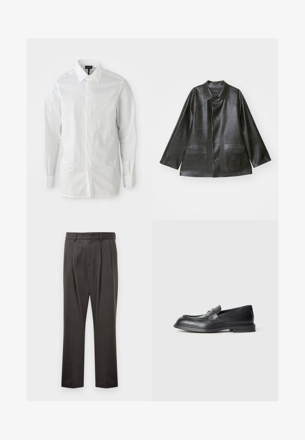 Emporio Armani CABAN - Kunstnahast jakk - lavagna; Valge pika varrukaga särk, mis on valmistatud kergest kangast, struktuurse kraega, ees nööpide rida ja peene tekstuuriga muster kangal.; Tumedashallased püksid, mis on valmistatud tekstuuriga kangast, lame esiosa, voldid, sirged jalad ja vöökohastab. Pole nähtavat riistvara ega mustreid.; Mustad nahast mokassiinid tekstuurse viimistlusega, ees kaunistava sangaga ja ümarate ninadega. Kita on kummist, et tagada vastupidavus.