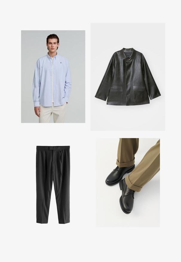 Emporio Armani CABAN - Jachetă din imitație de piele - lavagna; Camasa cu dungi albastre deschise și albe, cu guler și mâneci lungi; are un logo mic brodat pe piept.; Next REGULAR FIT -CHECK SMART - Pantaloni chino - black; Pantofi negri din piele cu un finisaj neted, dotati cu sireturi si varf rotunjit, asortați cu pantaloni kaki rulați.